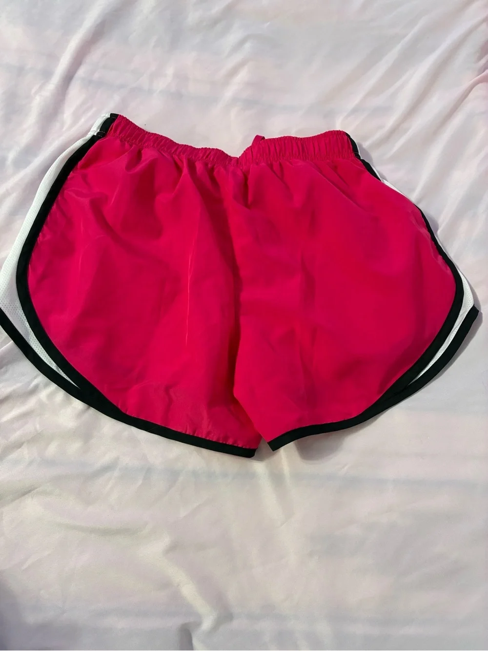Nike Women's Bright Pink Running Shorts with White Panels and Black Trim